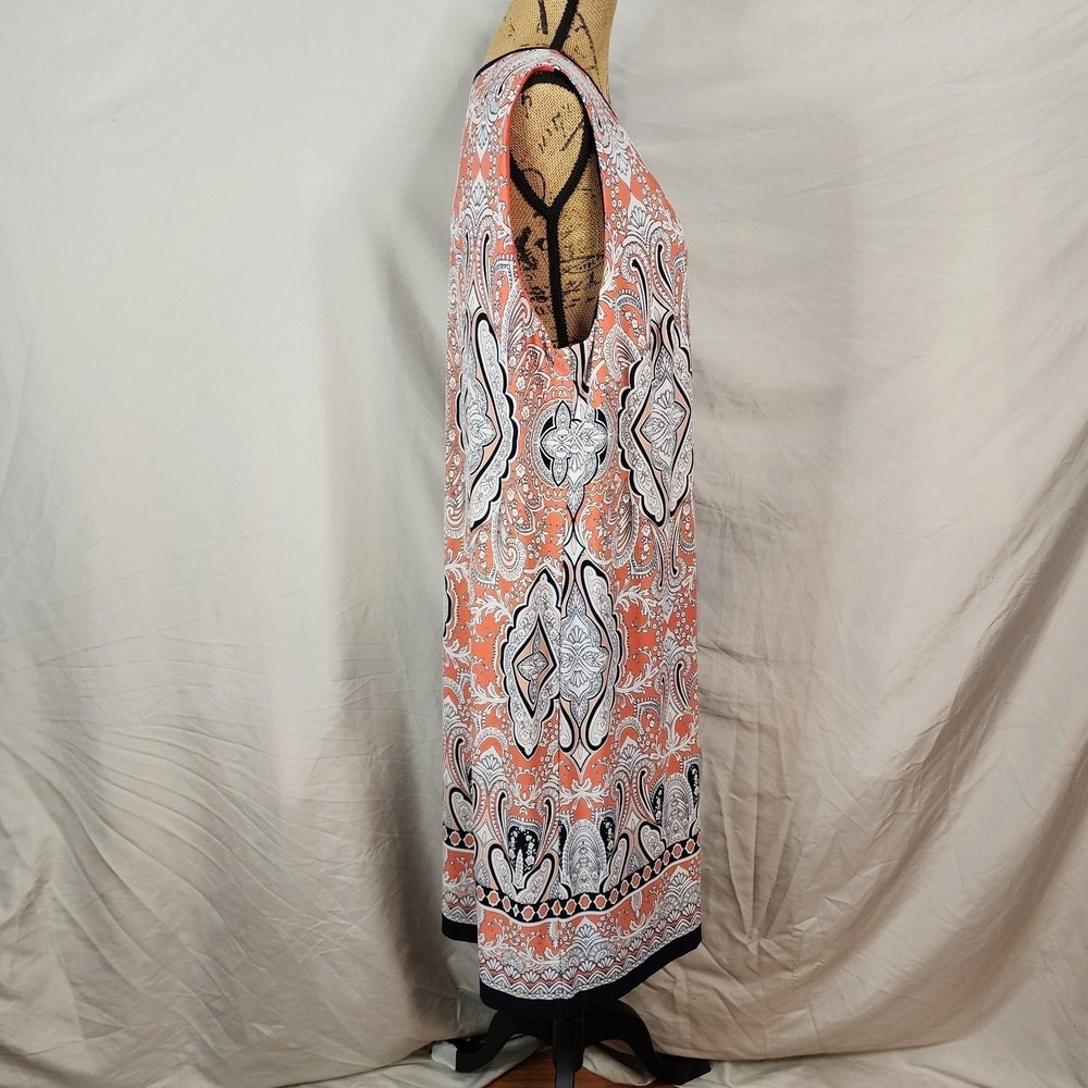 SANDRA DARREN Size 2X Vibrant Coral Navy Boho Chic Paisley Knee Lgth Shift Dress - Picture 3 of 12